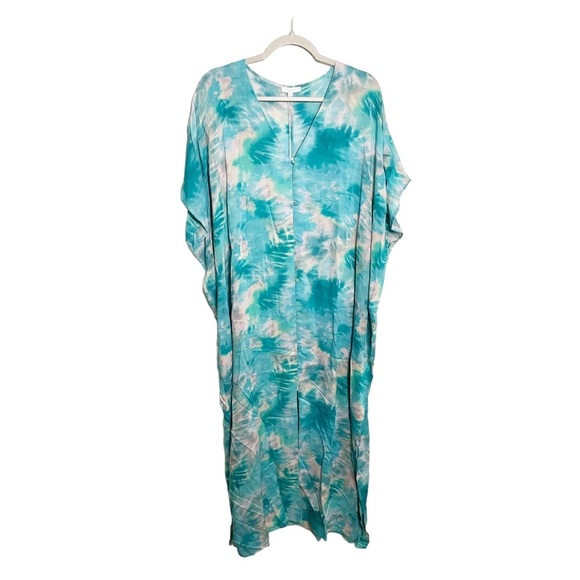 Johnny Was Calme Dress V-Neck Kaftan Maxi Turquoise Tie Dye Size Small / Medium - Picture 2 of 7